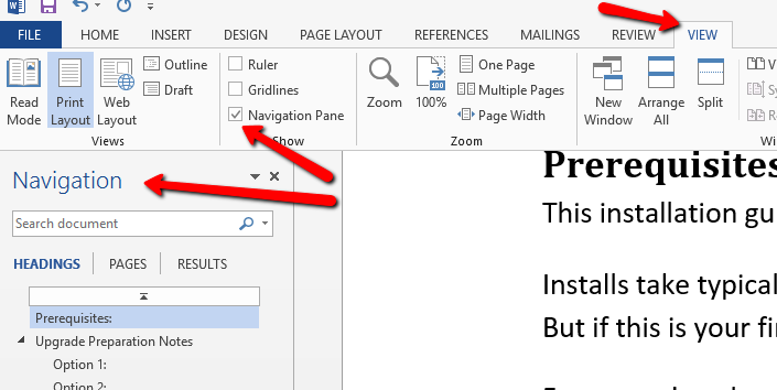 MS Word Navigation Pane Setting